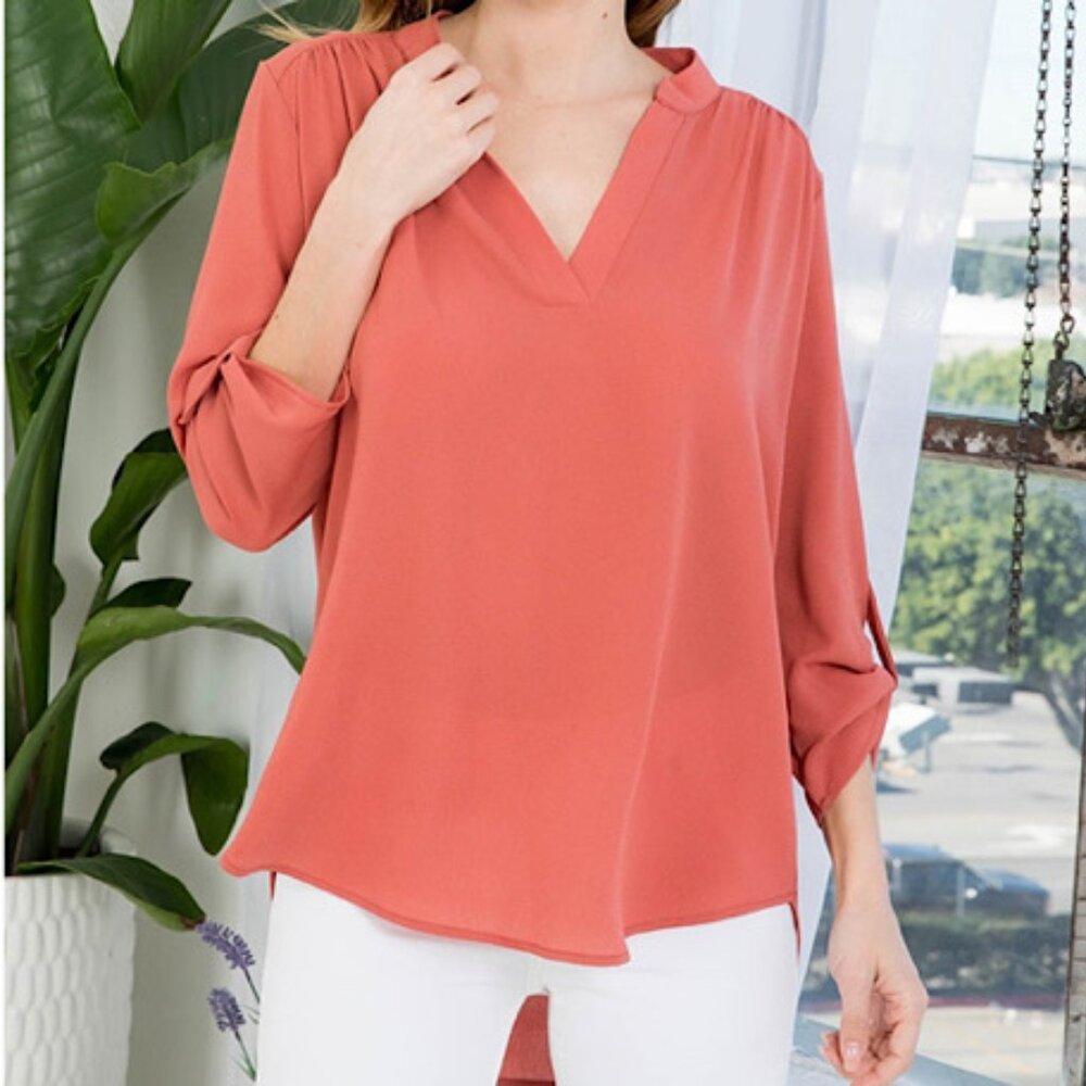 NEW Light Orange Quarter Tab Sleeve Solid Woven V Neck Blouse